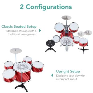 Best Choice Products 18-Piece Kids Beginner Drum Kit, Musical Instrument Toy Drum Set for Music Practice w/LED Lights, Bass, Toms, Snare, Cymbal, Stool, Stand Drumsticks - Red