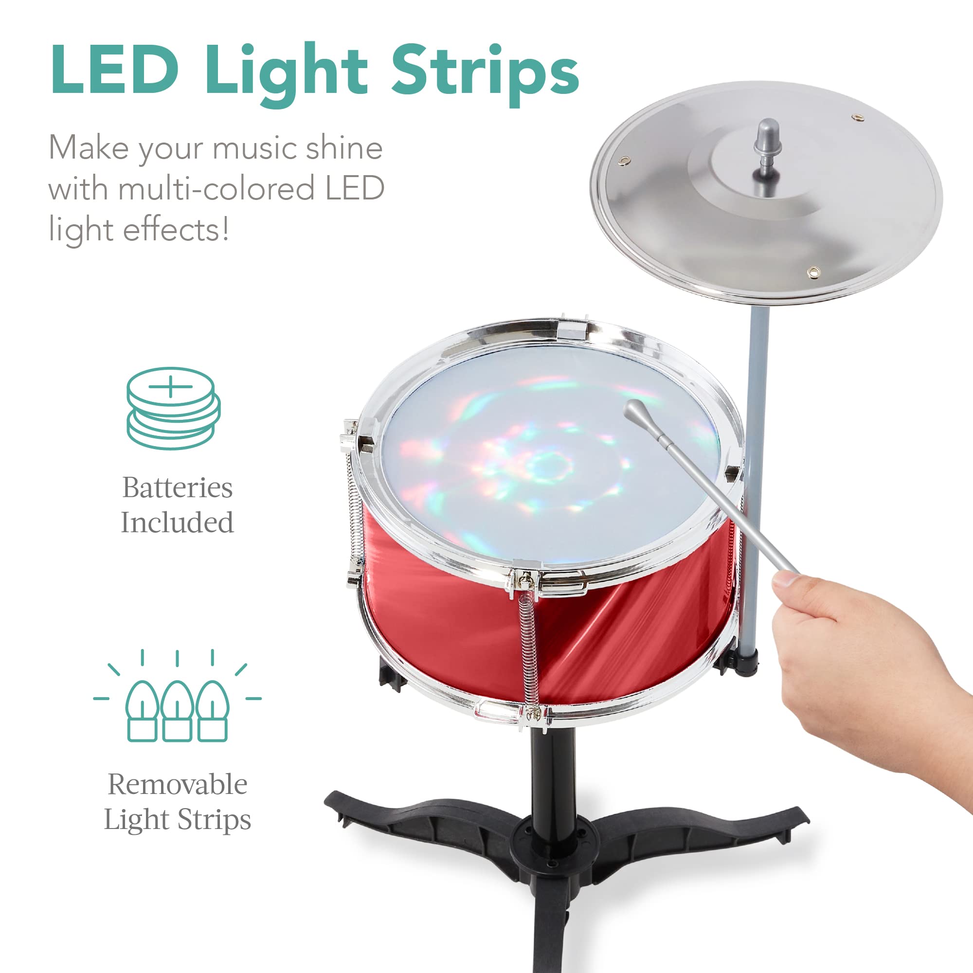 Best Choice Products 18-Piece Kids Beginner Drum Kit, Musical Instrument Toy Drum Set for Music Practice w/LED Lights, Bass, Toms, Snare, Cymbal, Stool, Stand Drumsticks - Red