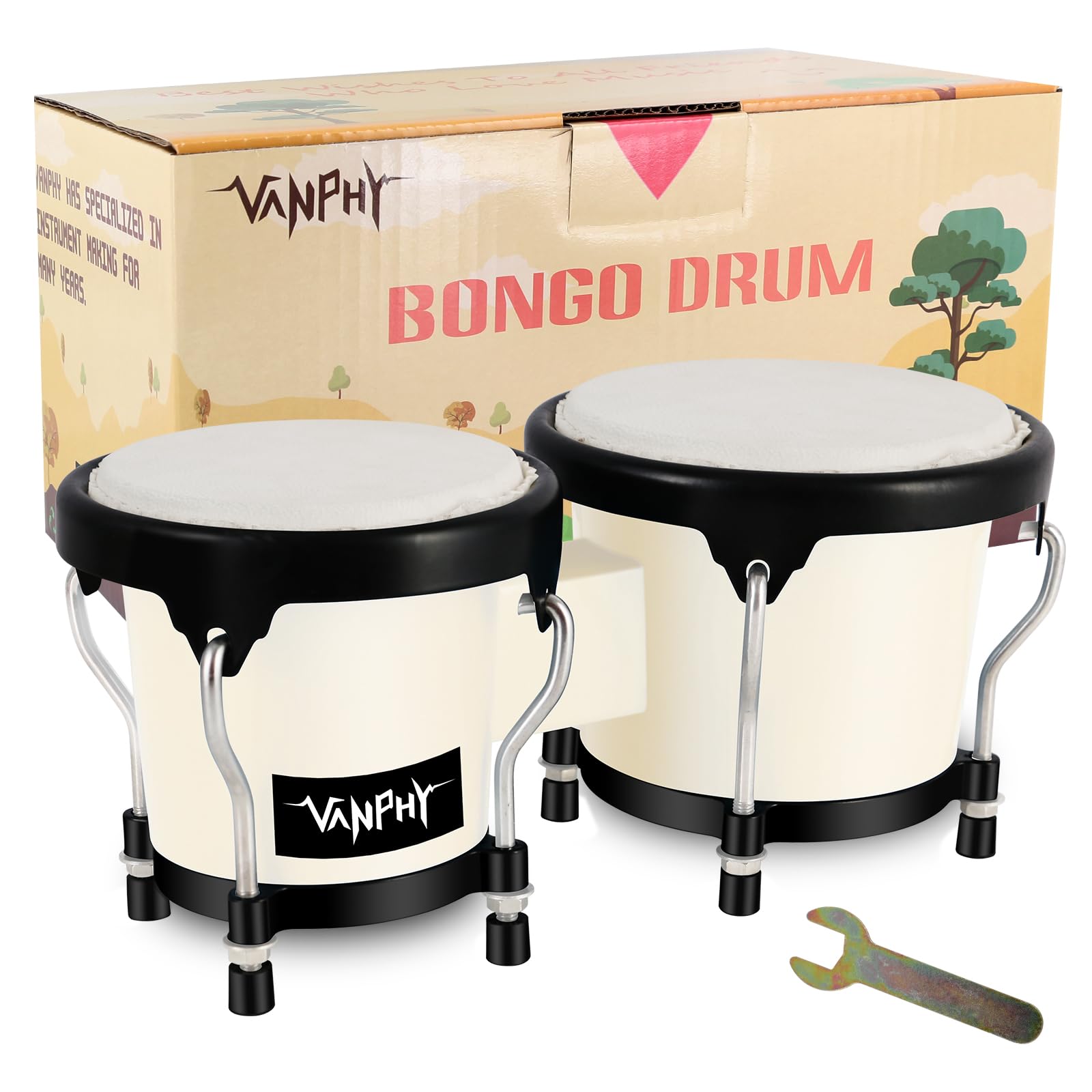 VANPHY Bongo Drum 4'' and 5'' Set for Adults Beginners Tunable Natural Skin Bongos Percussion Instruments With Tuning Wrench and Gift Box (White)