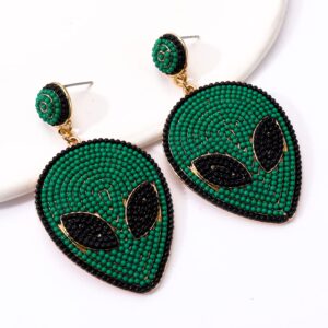 Beaded Alien Earrings Chunky Green UFO Alien Drop Dangle Earring for Women Funny Earring Birthday Gifts