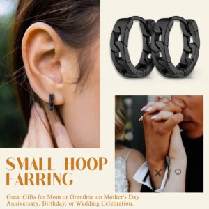 Suplight 925 Sterling Silver Black Chain Huggie Earrings, 10mm Curb Cuban Link Chain Hoop Earrings for Men Women