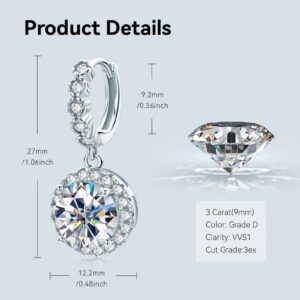 Moissanite Earrings for Women, 925 Sterling Silver Moissanite Drop Hoop Earrings, 3ct Moissanite Diamond Dangle Earrings for Sensitive Ears Hypoallergenic Christmas Mother's Day Gifts