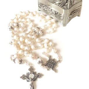 elegantmedical Handmade Sterling Silver White Pearl Beads Catholic Rosary Necklace Cross Crucifix Gift Box