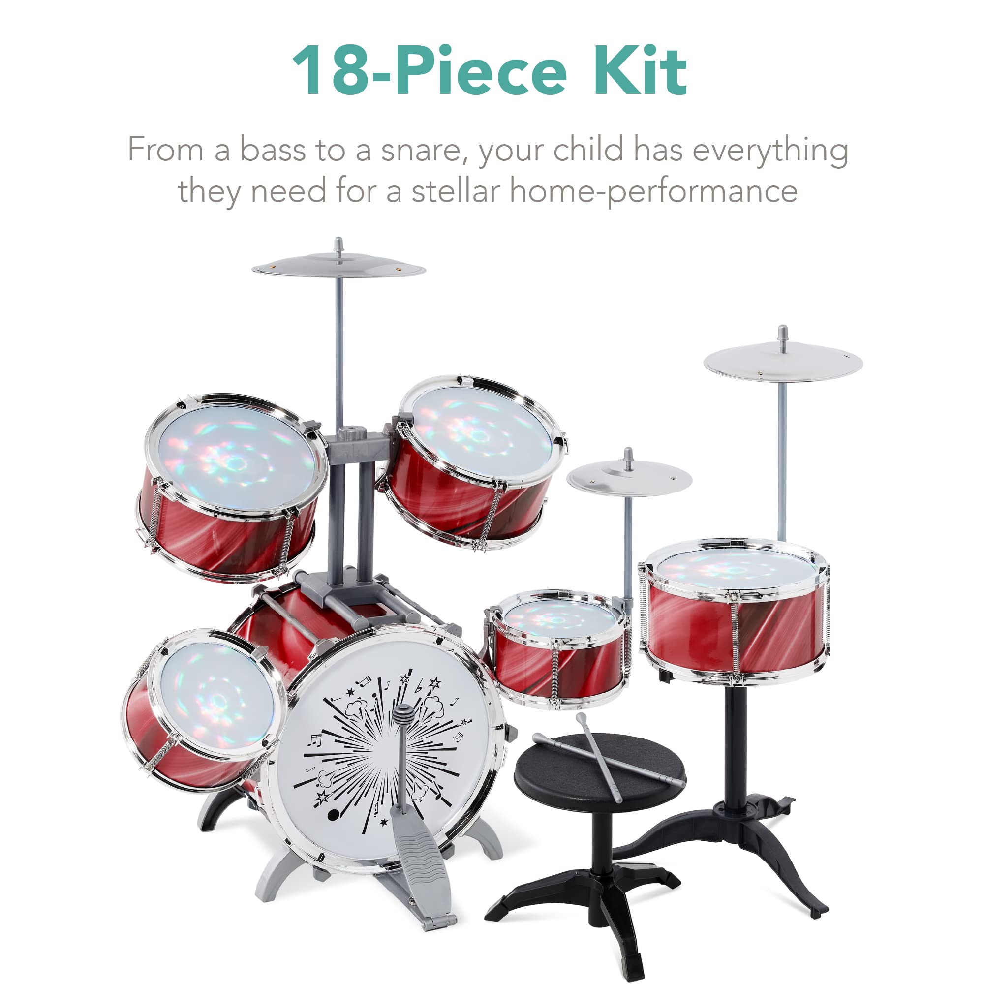 Best Choice Products 18-Piece Kids Beginner Drum Kit, Musical Instrument Toy Drum Set for Music Practice w/LED Lights, Bass, Toms, Snare, Cymbal, Stool, Stand Drumsticks - Red