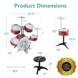 Best Choice Products 18-Piece Kids Beginner Drum Kit, Musical Instrument Toy Drum Set for Music Practice w/LED Lights, Bass, Toms, Snare, Cymbal, Stool, Stand Drumsticks - Red