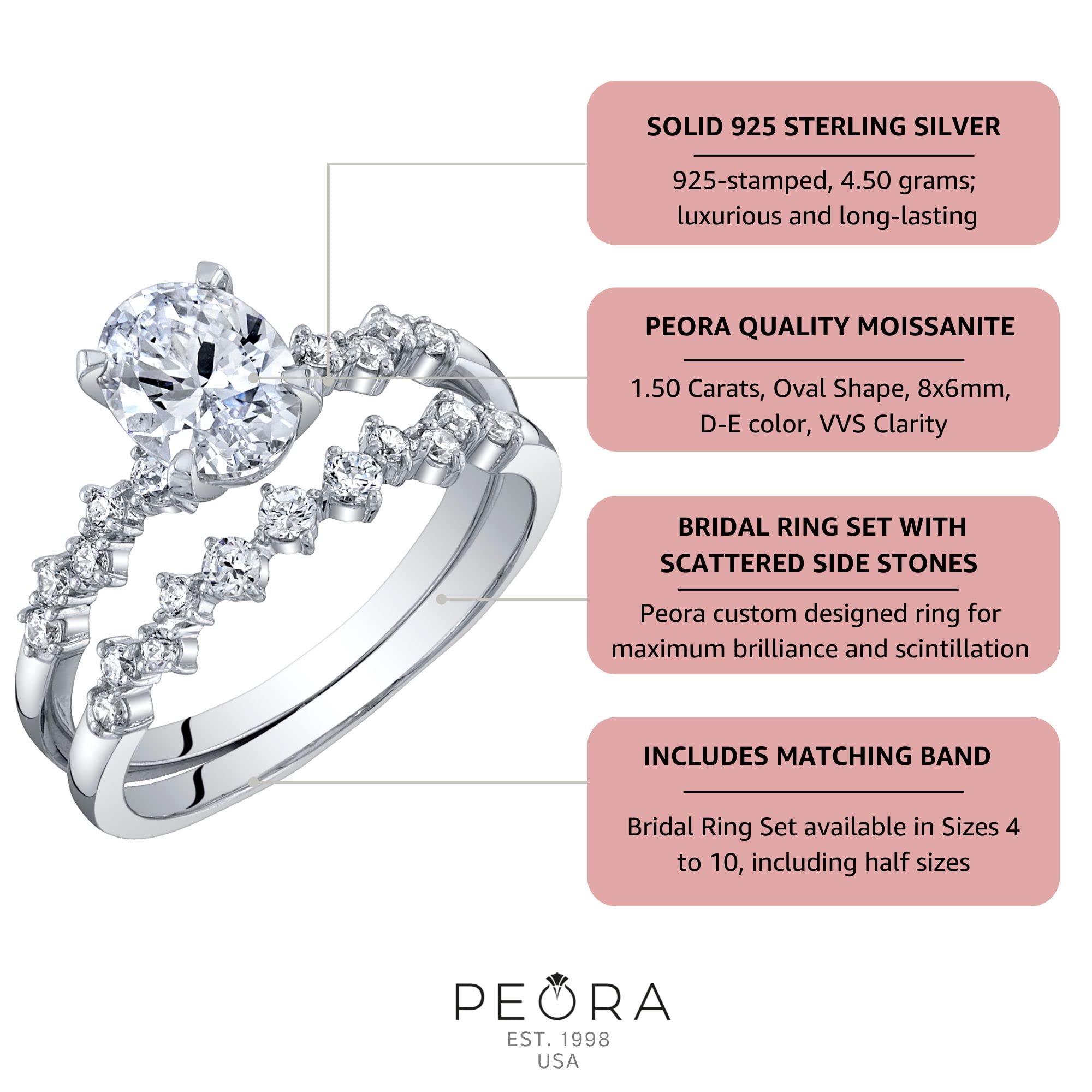 PEORA 1.50 Carats Oval Cut Moissanite Engagement Ring and Wedding Band Bridal Set Scattered Side Stones 925 Sterling Silver, D-E Color, VVS Clarity, Size 9.5