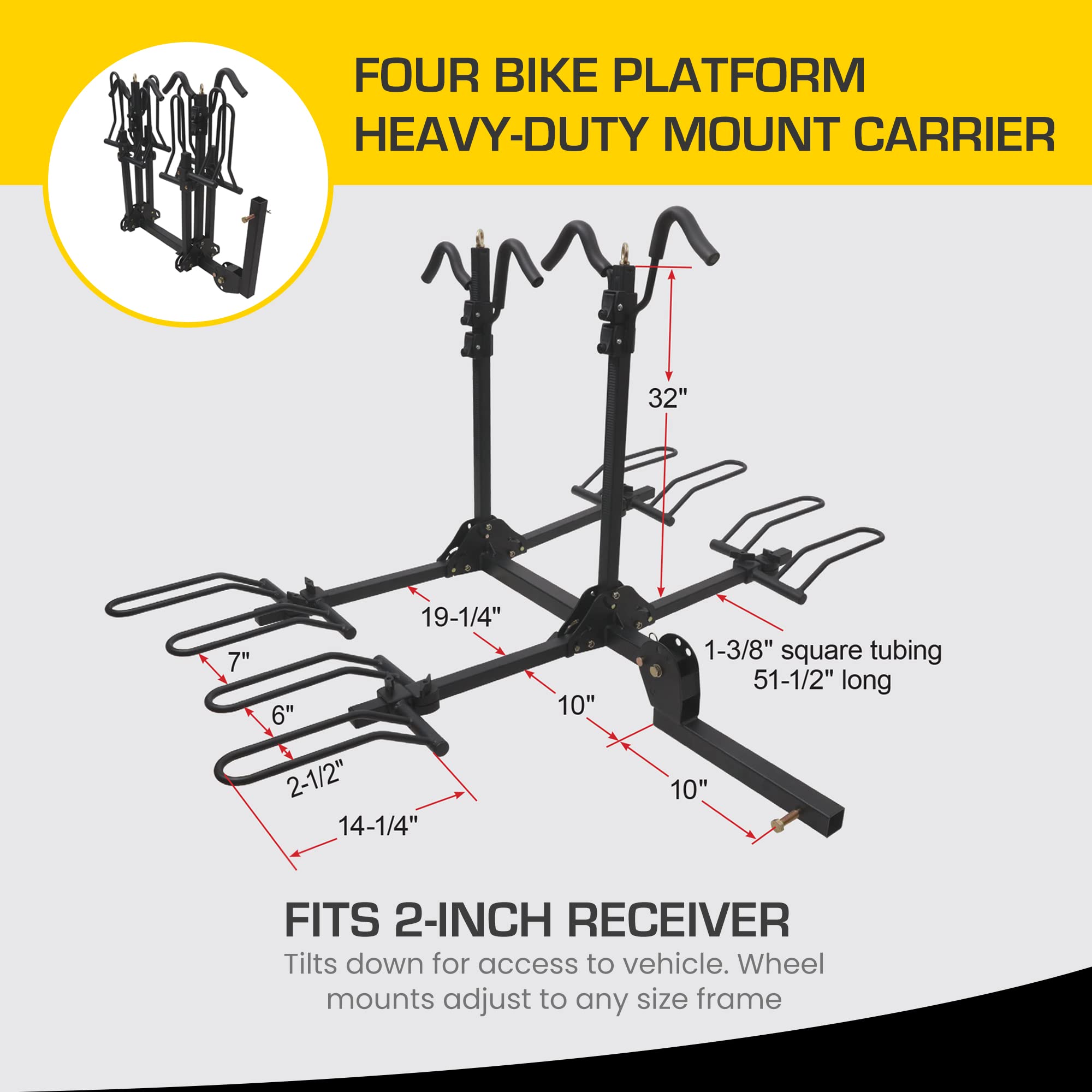 Stromberg Carlson BC-204HD 4-Bike Rack for Car - Bike Rack Hitch Mount, Foldable Car Bike Rack, Bike Rack for SUV, Bike Rack for Truck, Trailer Hitch Bike Rack