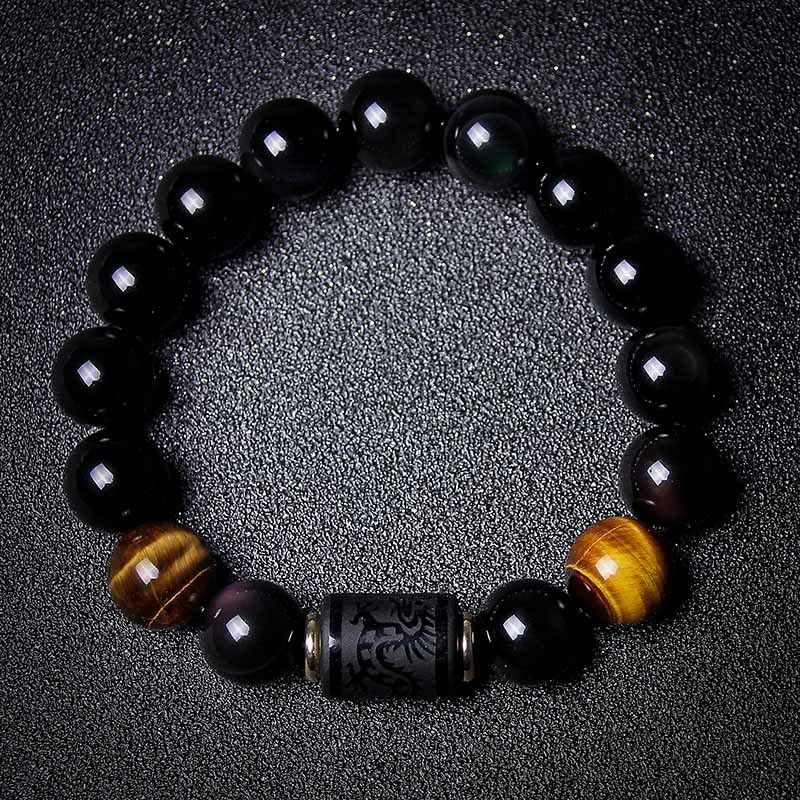 Leatic Black Obsidian Bracelets Stone Bead Bracelet tiger eye stone bracelet Men 12mm or Women 10mm Dragon and Phoenix Totem bracelet(Phoenix, 10mm)