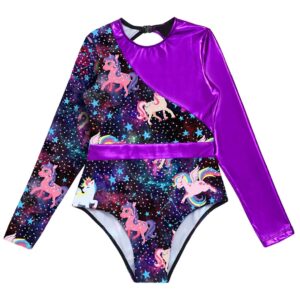 HULIJA Gymnastics Leotards for Toddler Girls Long Sleeve Cartoon Horses Athletic Dancewear Black&Rainbow 6 Years