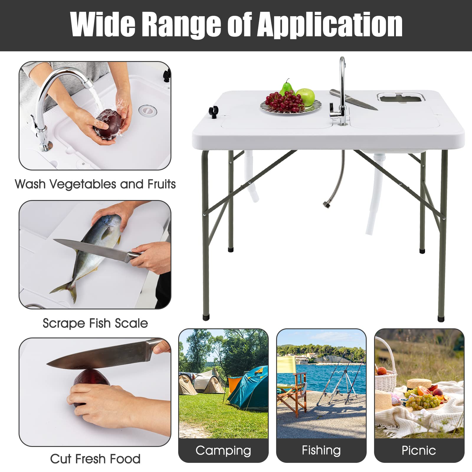 Giantex Fish Cleaning Table w/ 2 Sinks, Faucet, Hose Hook Up, Portable Folding Camping Table w/Measure Mark, Outdoor Fillet Cleaning Station for Fishing Beach Picnic (with Water Hose Holder)