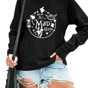 ASTANFY Alice in Wonderland Sweatshirt Women Vintage Mad Hatter Shirt Magic Kingdom Pullover Vacation Long Sleeve Tops Black