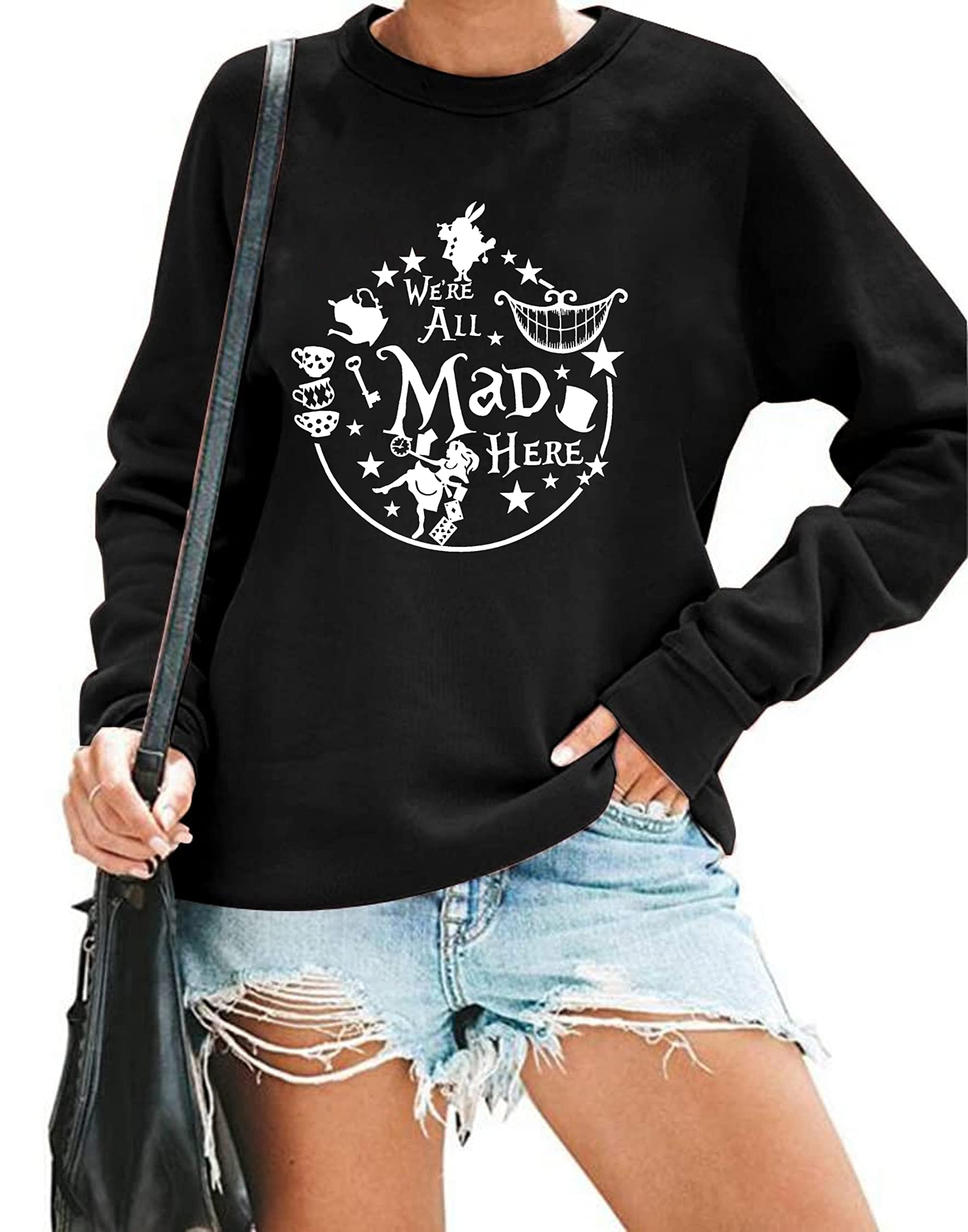 ASTANFY Alice in Wonderland Sweatshirt Women Vintage Mad Hatter Shirt Magic Kingdom Pullover Vacation Long Sleeve Tops Black