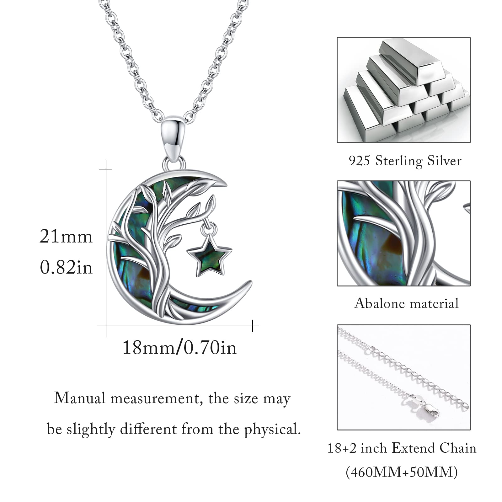 PCTJYFU Tree of Life Necklace 925 Sterling Silver Abalone Shell Star Moon Tree of Life Pendant Family jewelry for Women Mom Grandmother