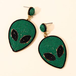 Beaded Alien Earrings Chunky Green UFO Alien Drop Dangle Earring for Women Funny Earring Birthday Gifts