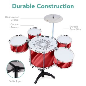 Best Choice Products 18-Piece Kids Beginner Drum Kit, Musical Instrument Toy Drum Set for Music Practice w/LED Lights, Bass, Toms, Snare, Cymbal, Stool, Stand Drumsticks - Red