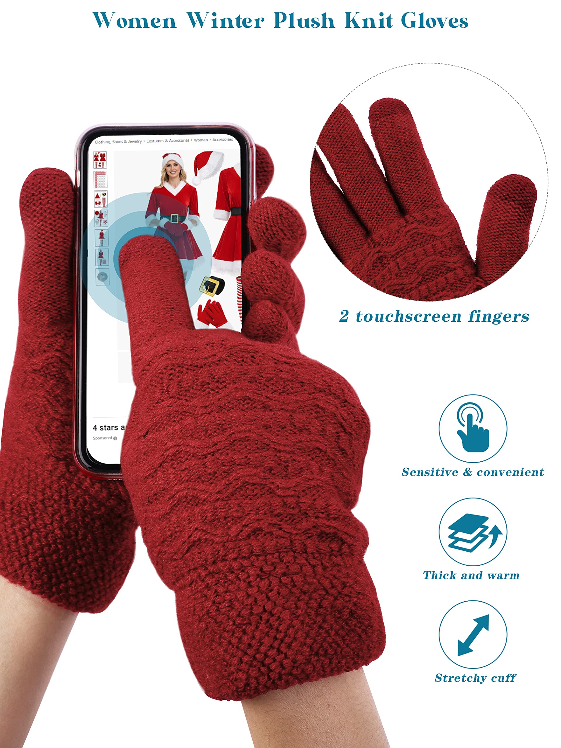 KUTTOR 4 Pairs Women Winter Plush Knit Gloves Knit Warm Wool Fleece Plush Touch Screen Gloves with Jacquard Design