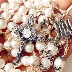 elegantmedical Handmade Sterling Silver White Pearl Beads Catholic Rosary Necklace Cross Crucifix Gift Box