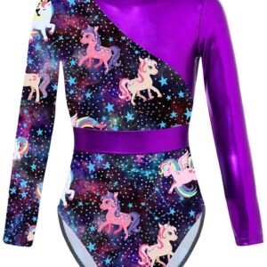 HULIJA Gymnastics Leotards for Toddler Girls Long Sleeve Cartoon Horses Athletic Dancewear Black&Rainbow 6 Years