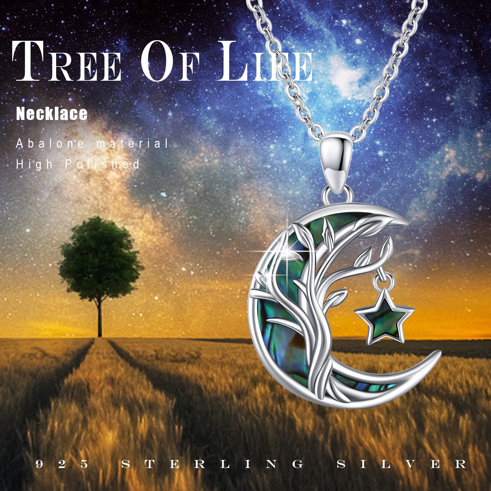 PCTJYFU Tree of Life Necklace 925 Sterling Silver Abalone Shell Star Moon Tree of Life Pendant Family jewelry for Women Mom Grandmother