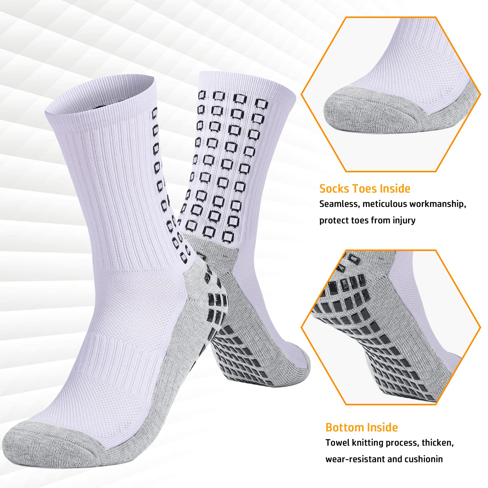 POZCMJM Socks for Men Soccer Anti Slip Athletic Grippy Crew Socks Non Slip Hospital Socks Thickened White Socks 3 Pairs