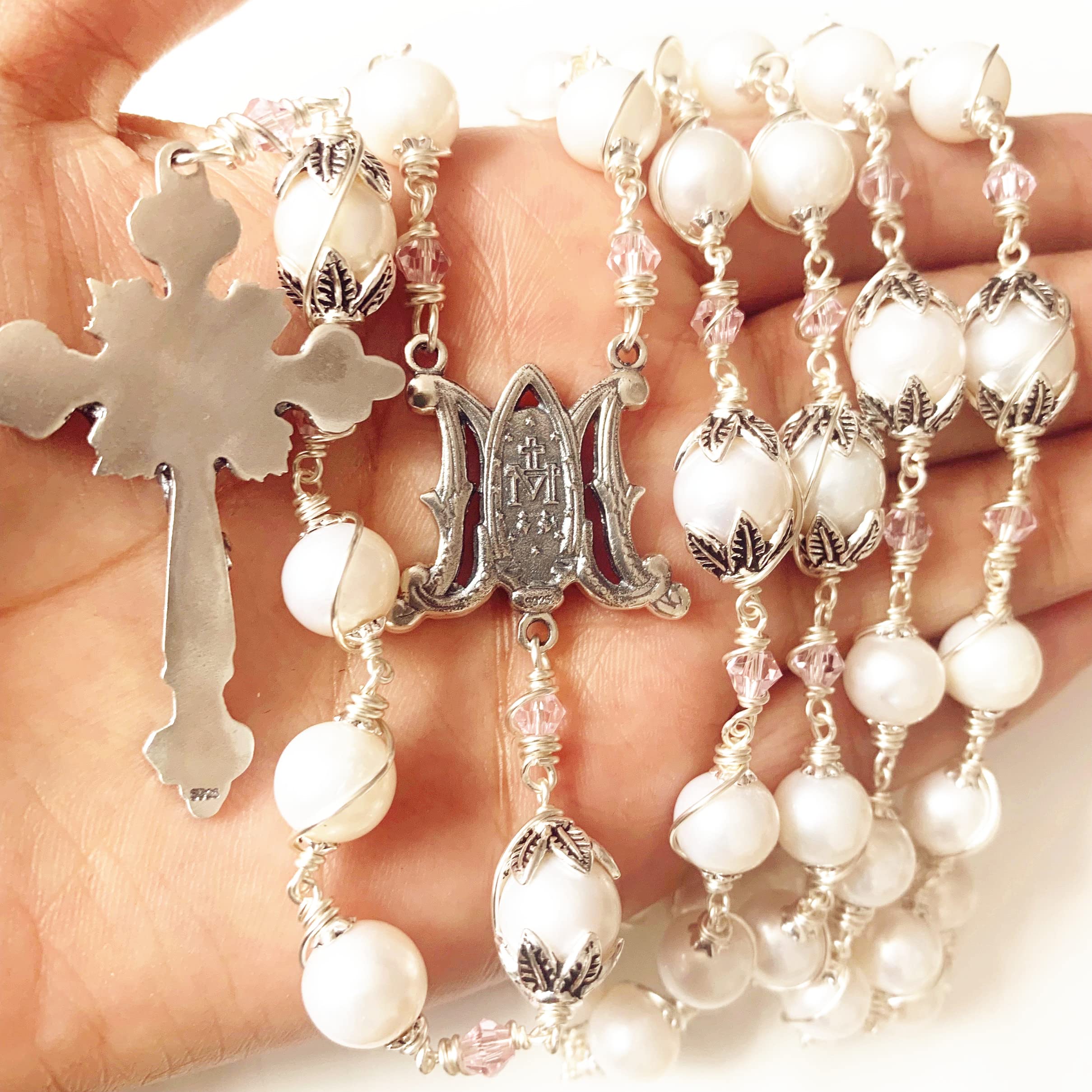 elegantmedical Handmade Sterling Silver White Pearl Beads Catholic Rosary Necklace Cross Crucifix Gift Box