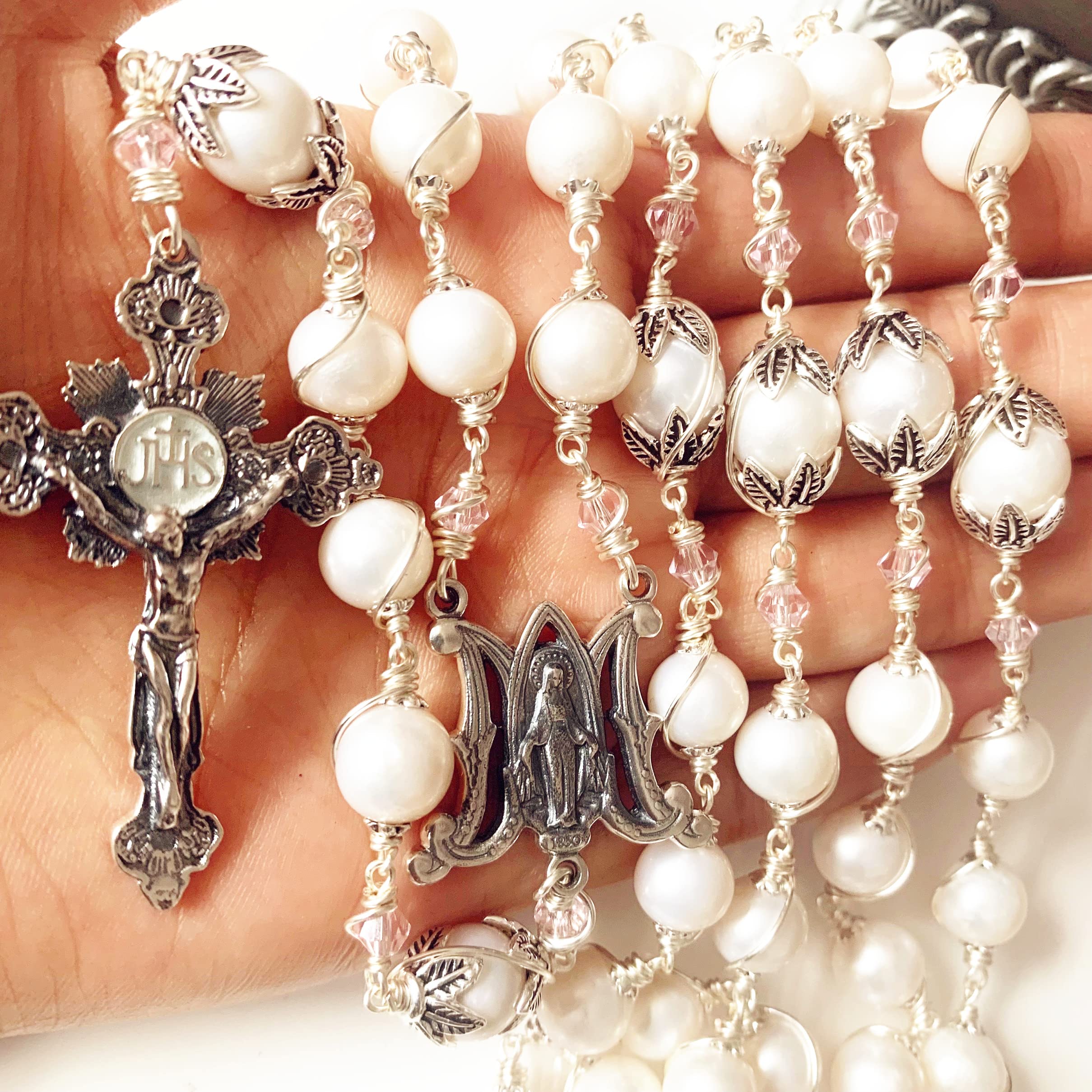 elegantmedical Handmade Sterling Silver White Pearl Beads Catholic Rosary Necklace Cross Crucifix Gift Box