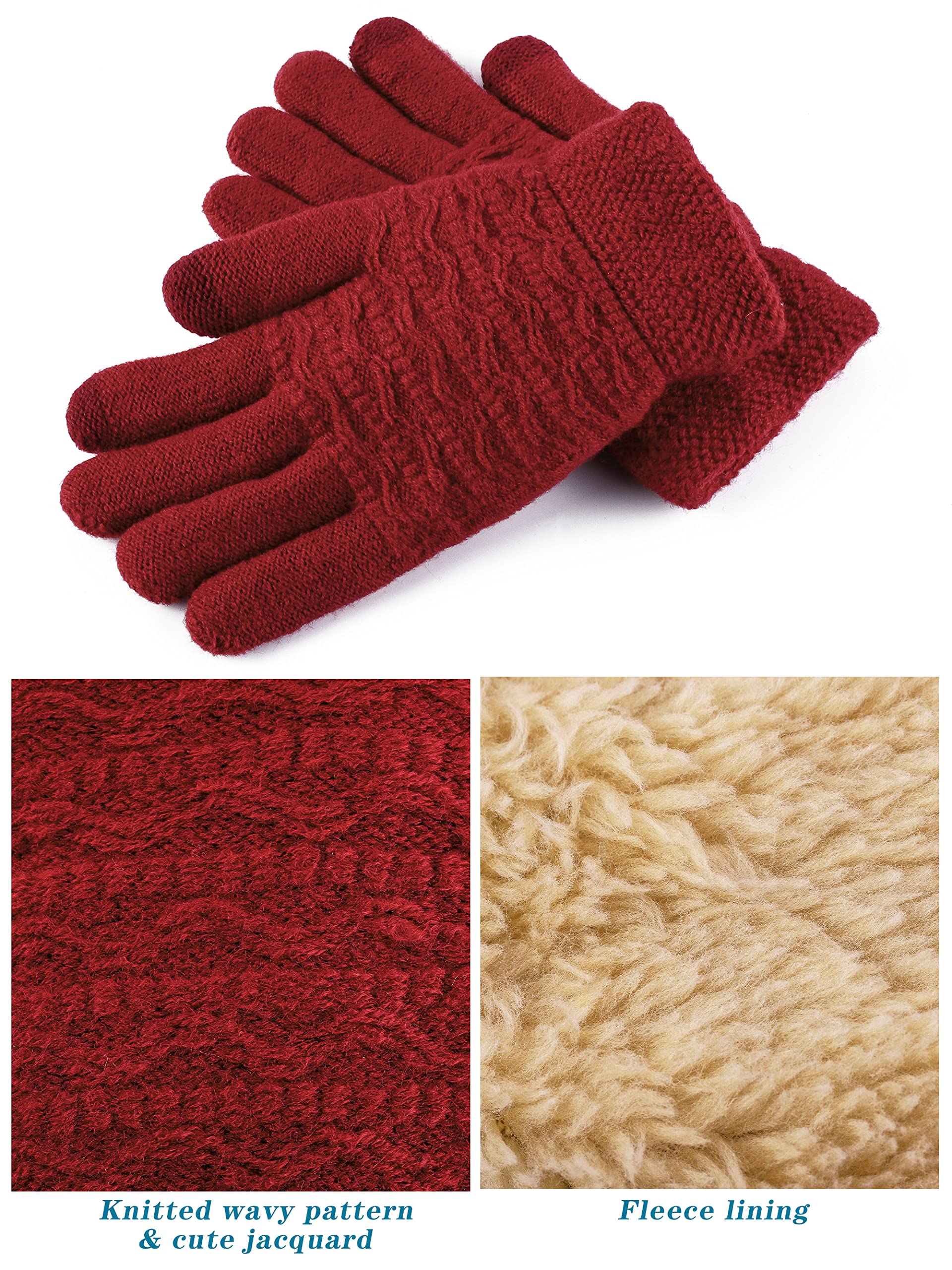 KUTTOR 4 Pairs Women Winter Plush Knit Gloves Knit Warm Wool Fleece Plush Touch Screen Gloves with Jacquard Design