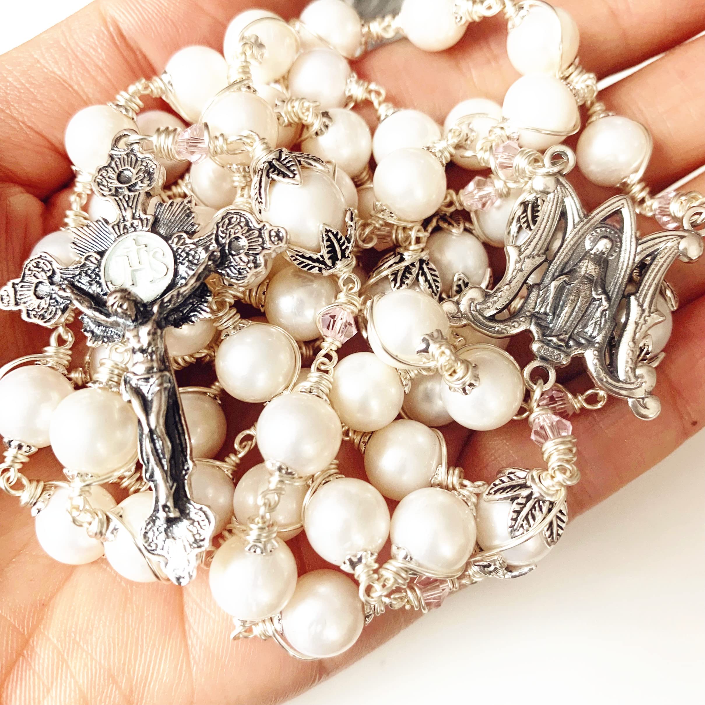 elegantmedical Handmade Sterling Silver White Pearl Beads Catholic Rosary Necklace Cross Crucifix Gift Box