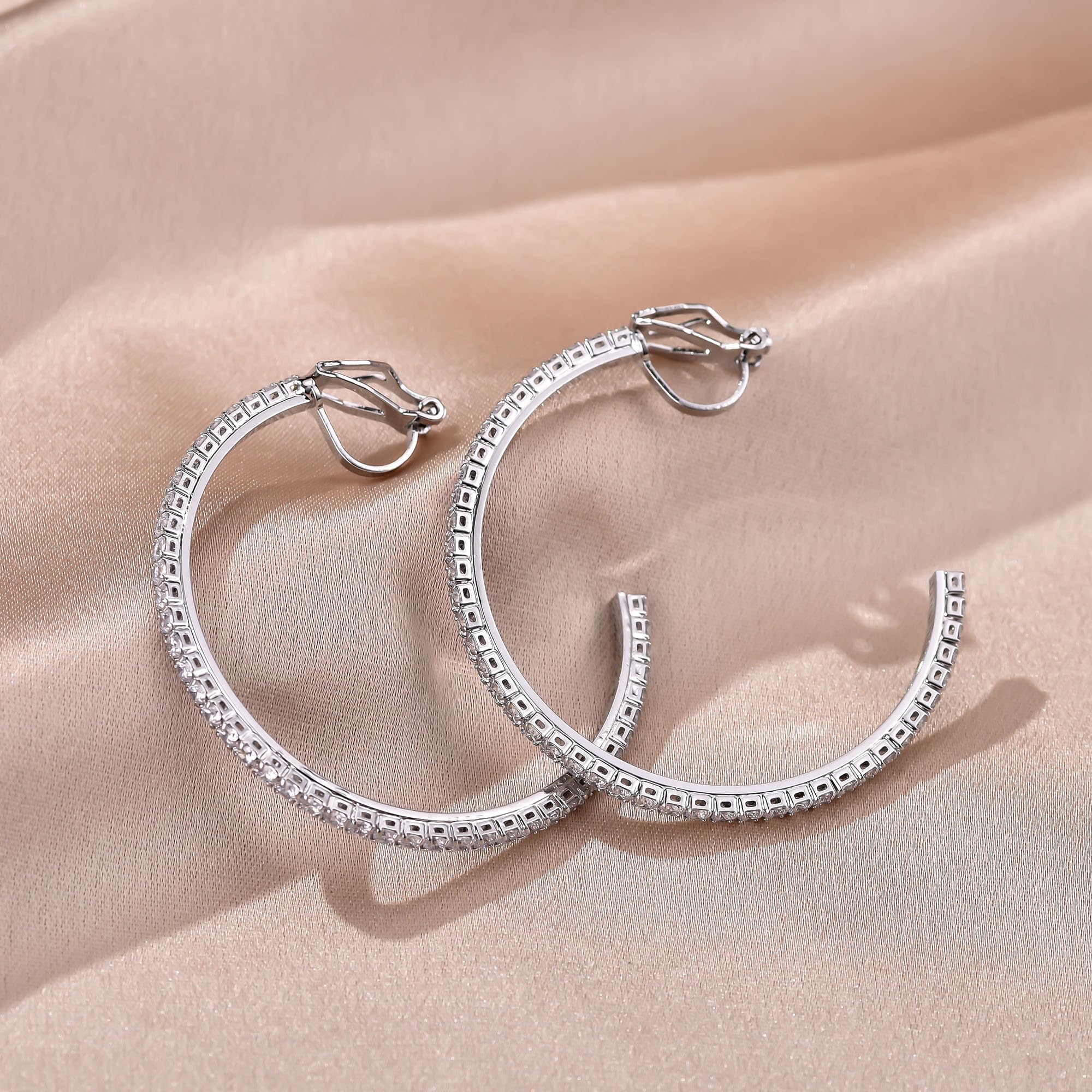 YOQUCOL 4.3CM(1.7in) Silver Clip On Hoop Earrings Cubic Zirconia Non Pierced Ears Hoops for Women