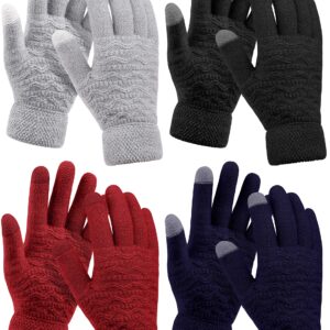 KUTTOR 4 Pairs Women Winter Plush Knit Gloves Knit Warm Wool Fleece Plush Touch Screen Gloves with Jacquard Design