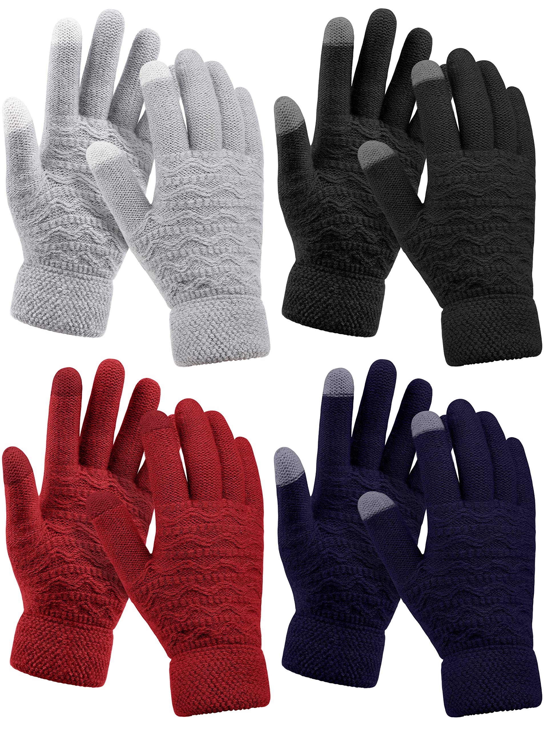 KUTTOR 4 Pairs Women Winter Plush Knit Gloves Knit Warm Wool Fleece Plush Touch Screen Gloves with Jacquard Design