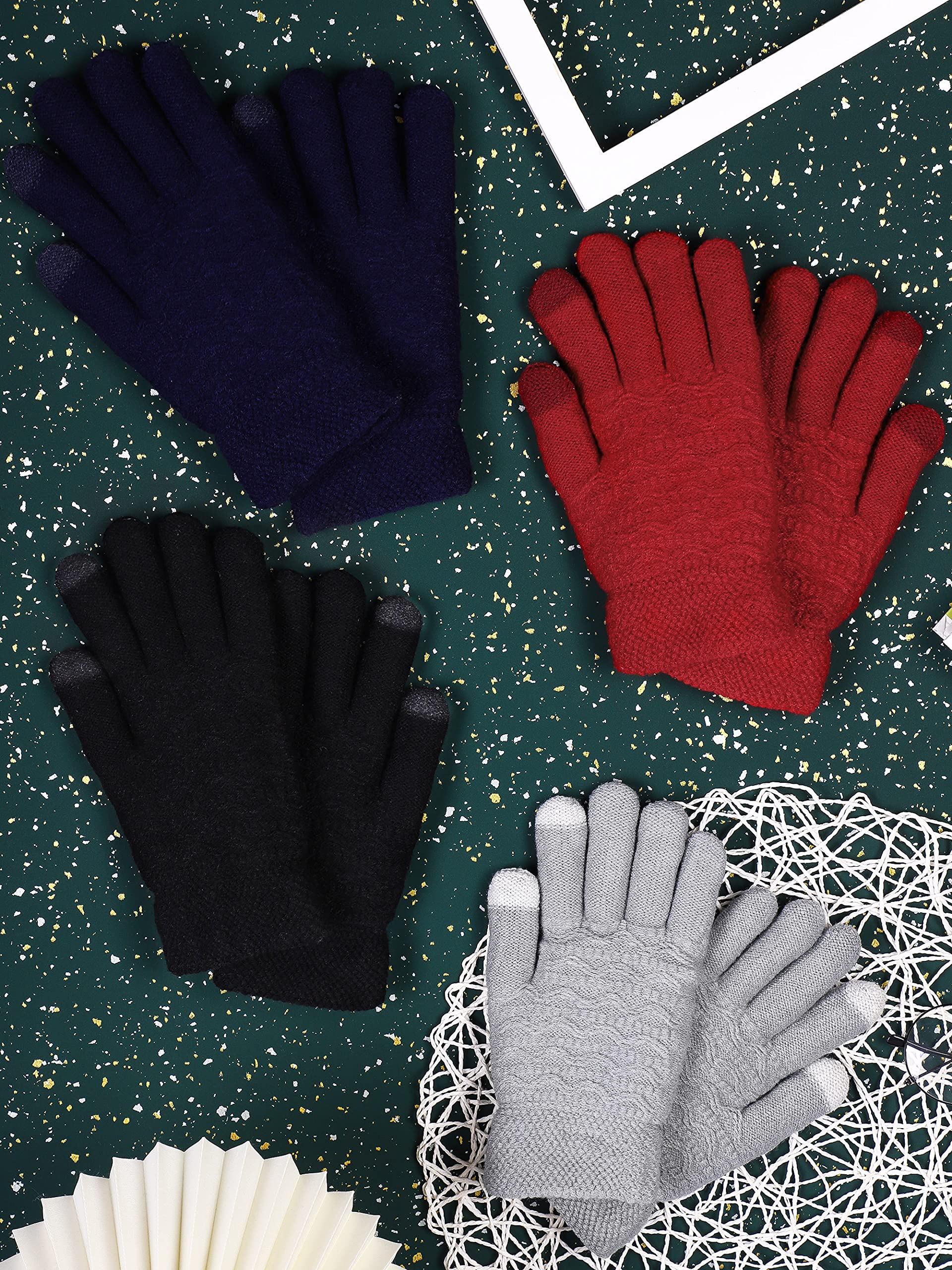 KUTTOR 4 Pairs Women Winter Plush Knit Gloves Knit Warm Wool Fleece Plush Touch Screen Gloves with Jacquard Design