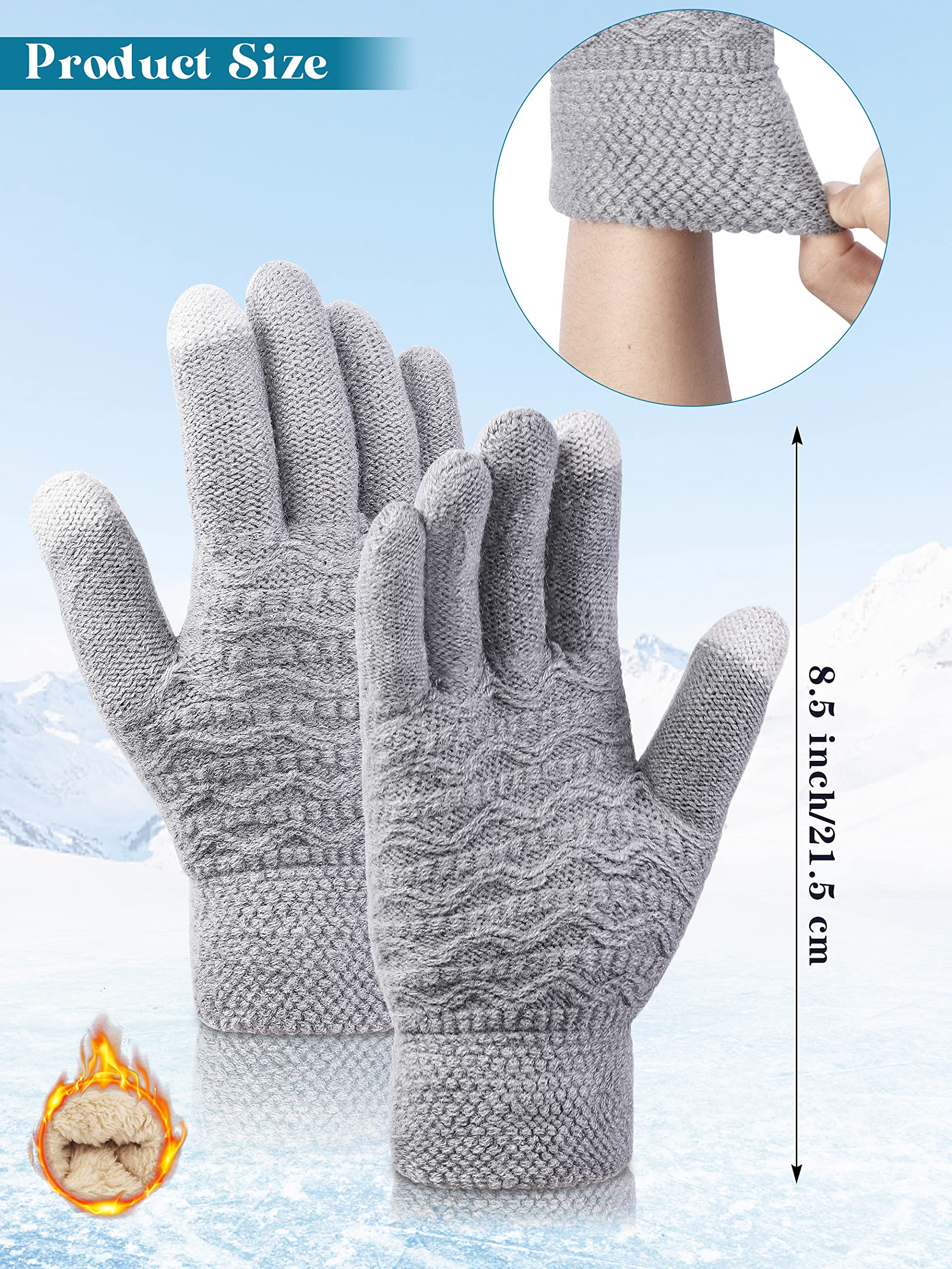 KUTTOR 4 Pairs Women Winter Plush Knit Gloves Knit Warm Wool Fleece Plush Touch Screen Gloves with Jacquard Design