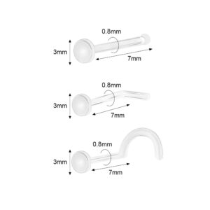 6ixGosh 20g Small Clear Nose Studs L Shaped Corkscrew Clear Nose Rings for Work Sport, Bioflex Plastic Nose Rings for Surgery, Ball Flat Invisible Nose Stud, Plastic, plastic