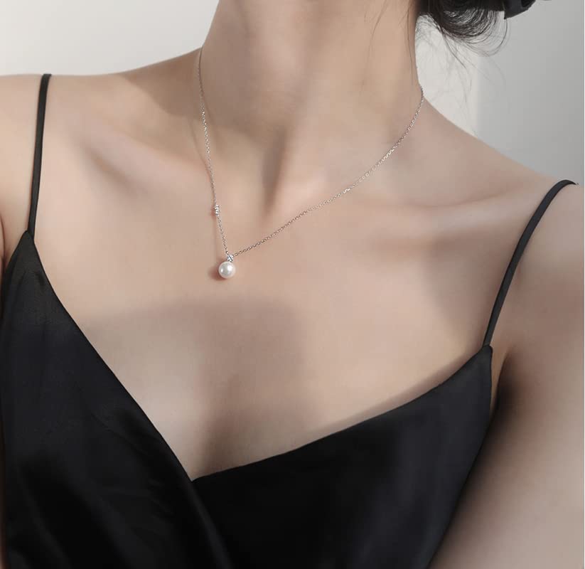 14K Gold Freshwater Cultured Pearl Pendant Necklace with Moissanite,Minimalist Gold Pearl Necklace for Women,Pearl Jewelry Gift for Her,18 Inches (White Gold, 18K Gold)