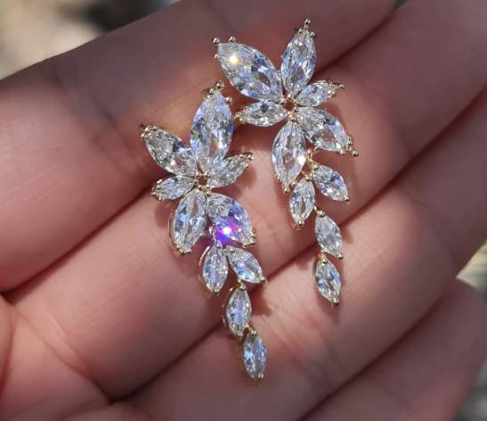 DIAMANTIO Wedding Earrings Elegant Dangle Drop CZ Marquise Cubic Zirconia AAAAA 18K Gold Plated Rhinestone Luxurious for Brides Bridal Wedding Women Precious Crystal (Gold)