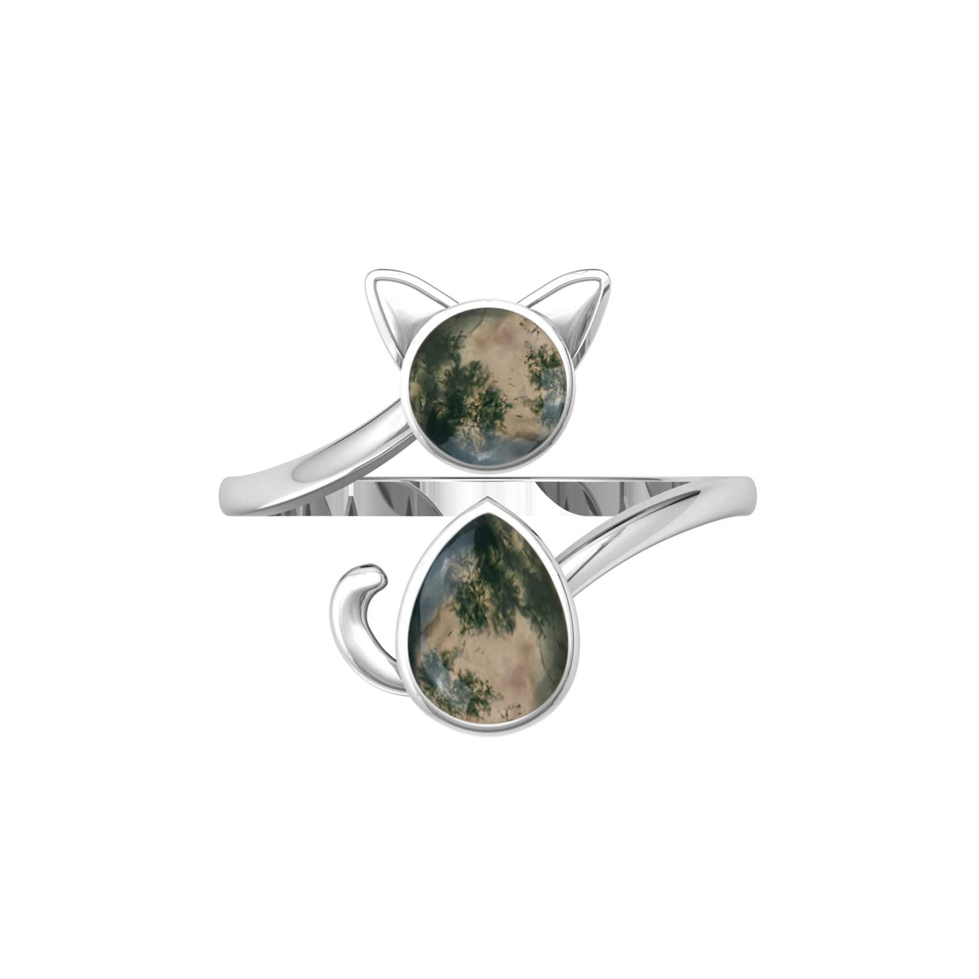 DHRUVANSH CREATIONS 925 Sterling Silver Silver Cat Promise Moss Agate Gemstone Ring - Cat Jewelry, Cat Lovers Gift for Men, Women, Cat Lady Gift, Mother, Daughter (10.5, Silver)