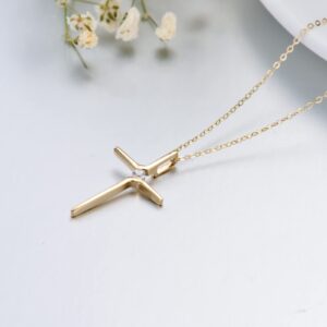 14k Real Gold Cross Necklace for Womens, Simple Yellow Gold Crucifix Cross Pendants Religious Confirmation Jewelry Gift for Her Mom, Wife, 16"-18"