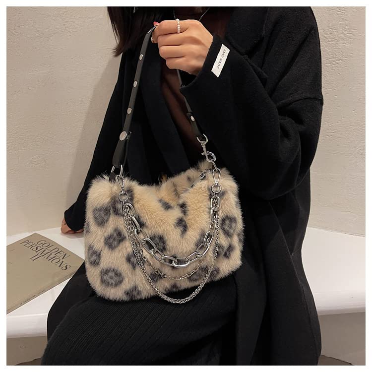 2022 New Leopard Print Plush Shoulder Cross-body Bag Fashion Chain One-shoulder Armpit Tote Y2K Purse Hobo Bag (Grey)