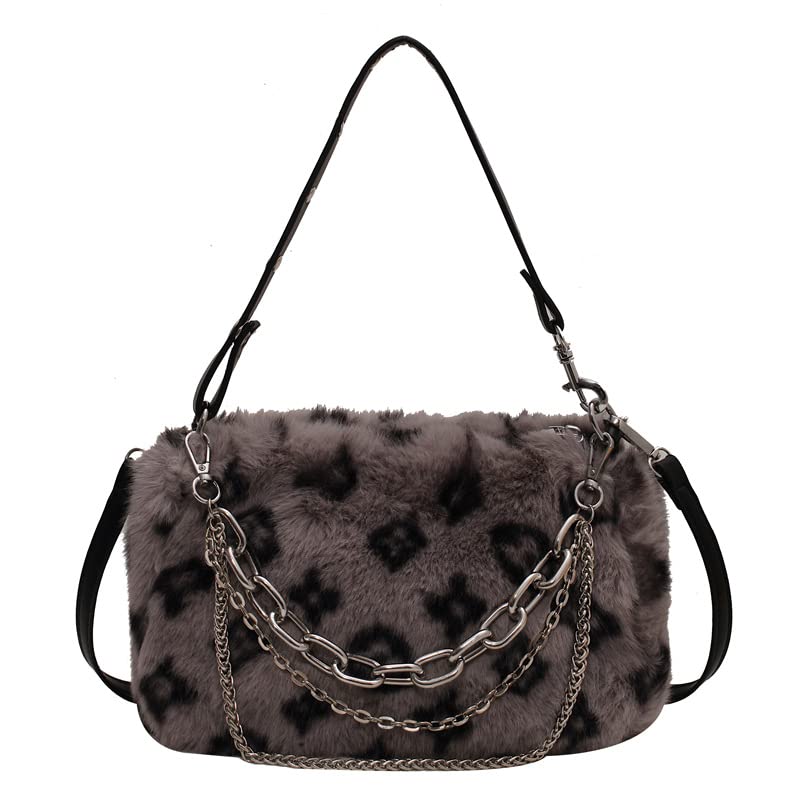 2022 New Leopard Print Plush Shoulder Cross-body Bag Fashion Chain One-shoulder Armpit Tote Y2K Purse Hobo Bag (Grey)