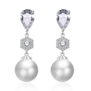 Cubic Zirconia Simulated Shell Pearl Earrings Dangle for Women, Platinum Plated Rhinestones Pearl Earrings Dangling,Bridal Pearl Earrings Drop for Wedding, Brides, Bridesmaid.