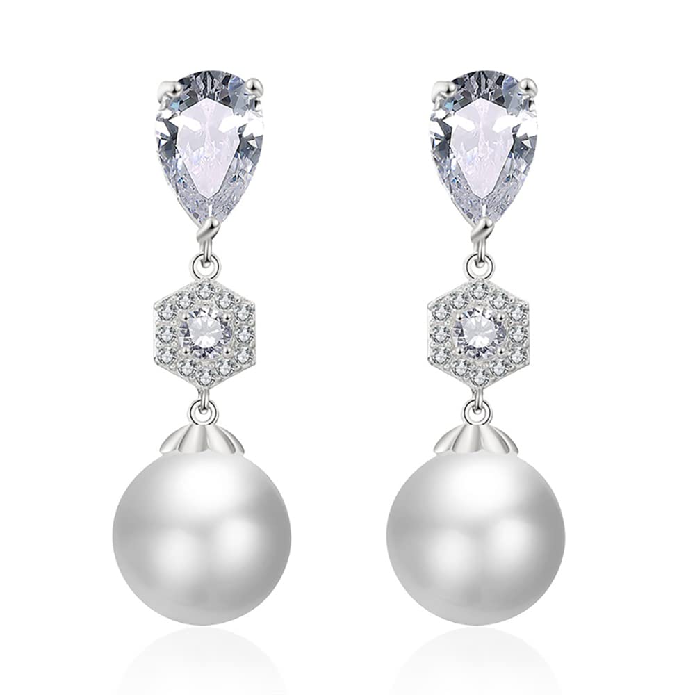 Cubic Zirconia Simulated Shell Pearl Earrings Dangle for Women, Platinum Plated Rhinestones Pearl Earrings Dangling,Bridal Pearl Earrings Drop for Wedding, Brides, Bridesmaid.