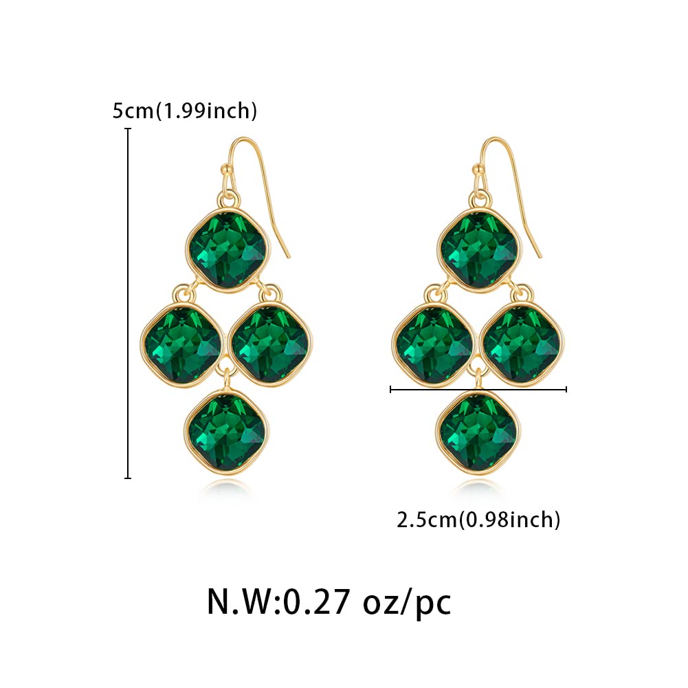 CLASSYZINT Emerald Green Cyrstals Dangle Earrings For Women Shiny Gold Plated Square Alloy Parts Statement Earrings Diamond Chandelier Earrings Women