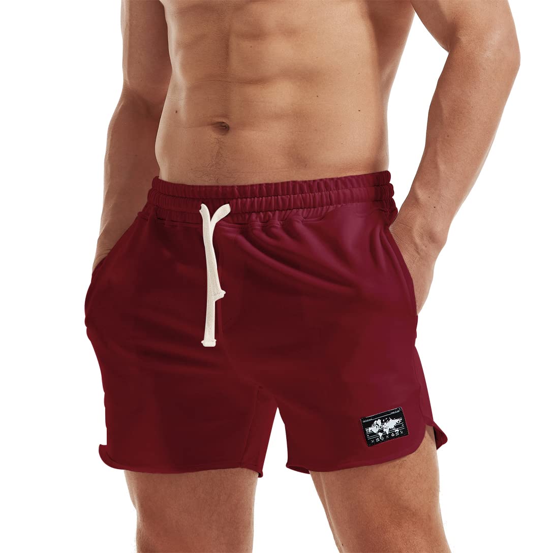 AIMPACT Men's Athletic Shorts Bodybuilding Workout Cotton Gym Shorts with Pockets (WineRed S)