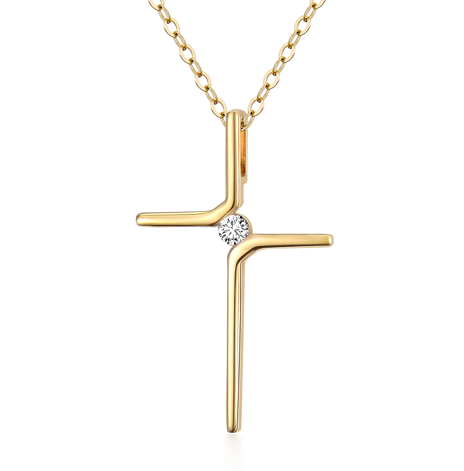 14k Real Gold Cross Necklace for Womens, Simple Yellow Gold Crucifix Cross Pendants Religious Confirmation Jewelry Gift for Her Mom, Wife, 16"-18"