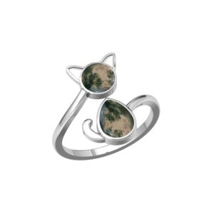 DHRUVANSH CREATIONS 925 Sterling Silver Silver Cat Promise Moss Agate Gemstone Ring - Cat Jewelry, Cat Lovers Gift for Men, Women, Cat Lady Gift, Mother, Daughter (10.5, Silver)