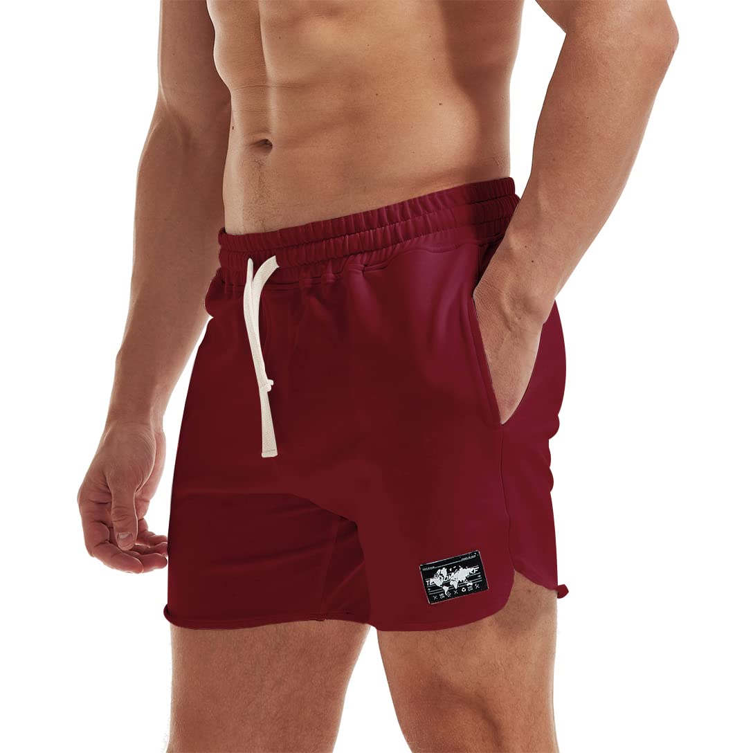 AIMPACT Men's Athletic Shorts Bodybuilding Workout Cotton Gym Shorts with Pockets (WineRed S)