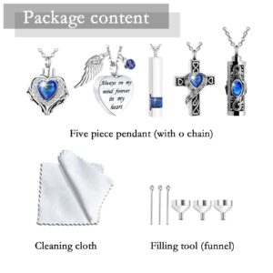 Cremation Urn Necklace for Ashes set of 5 -Crystal Heart Cremation Jewelry Memorial Jewelry for Ashes of Loved Ones Keepsake Urn for Human Ashes Pendant Necklace for Women Men (Blue 5 Pcs)