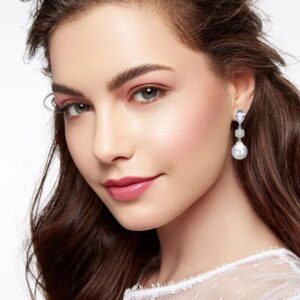 Cubic Zirconia Simulated Shell Pearl Earrings Dangle for Women, Platinum Plated Rhinestones Pearl Earrings Dangling,Bridal Pearl Earrings Drop for Wedding, Brides, Bridesmaid.