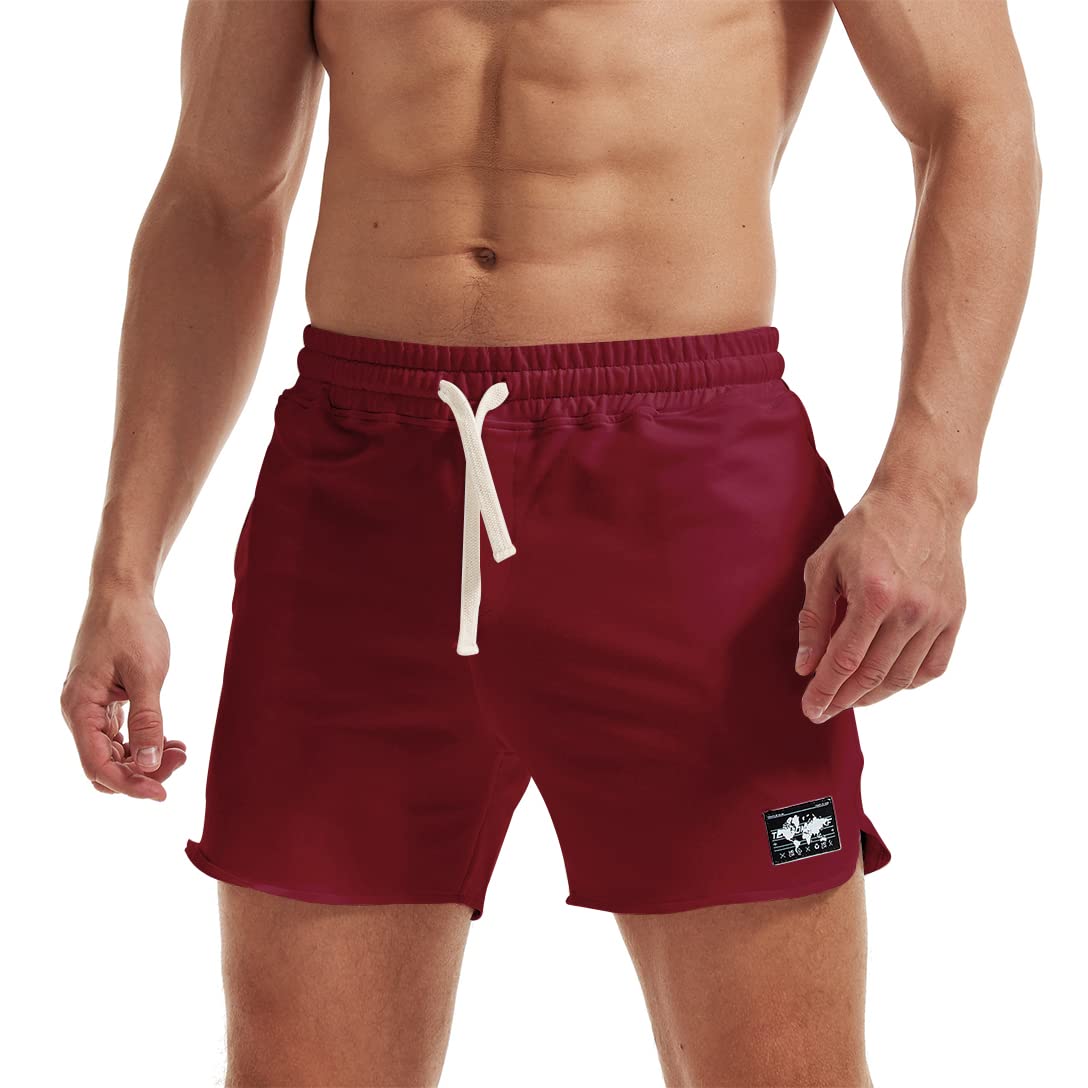 AIMPACT Men's Athletic Shorts Bodybuilding Workout Cotton Gym Shorts with Pockets (WineRed S)